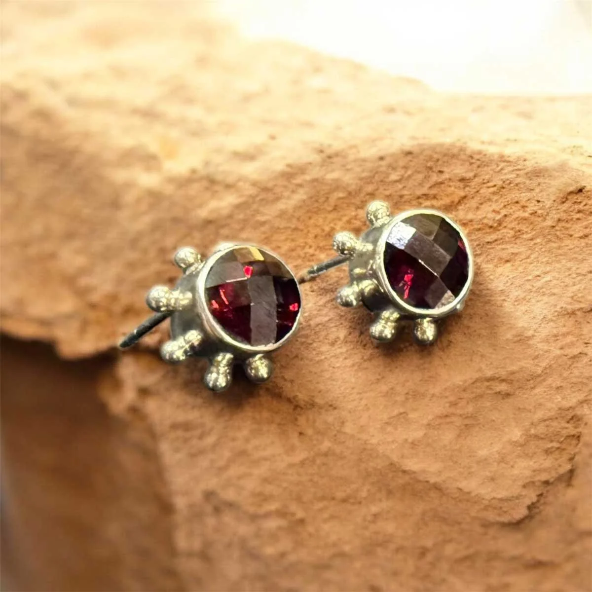 garnet studs, sterling silver, boho earrings, artisan jewelry, gemstone studs