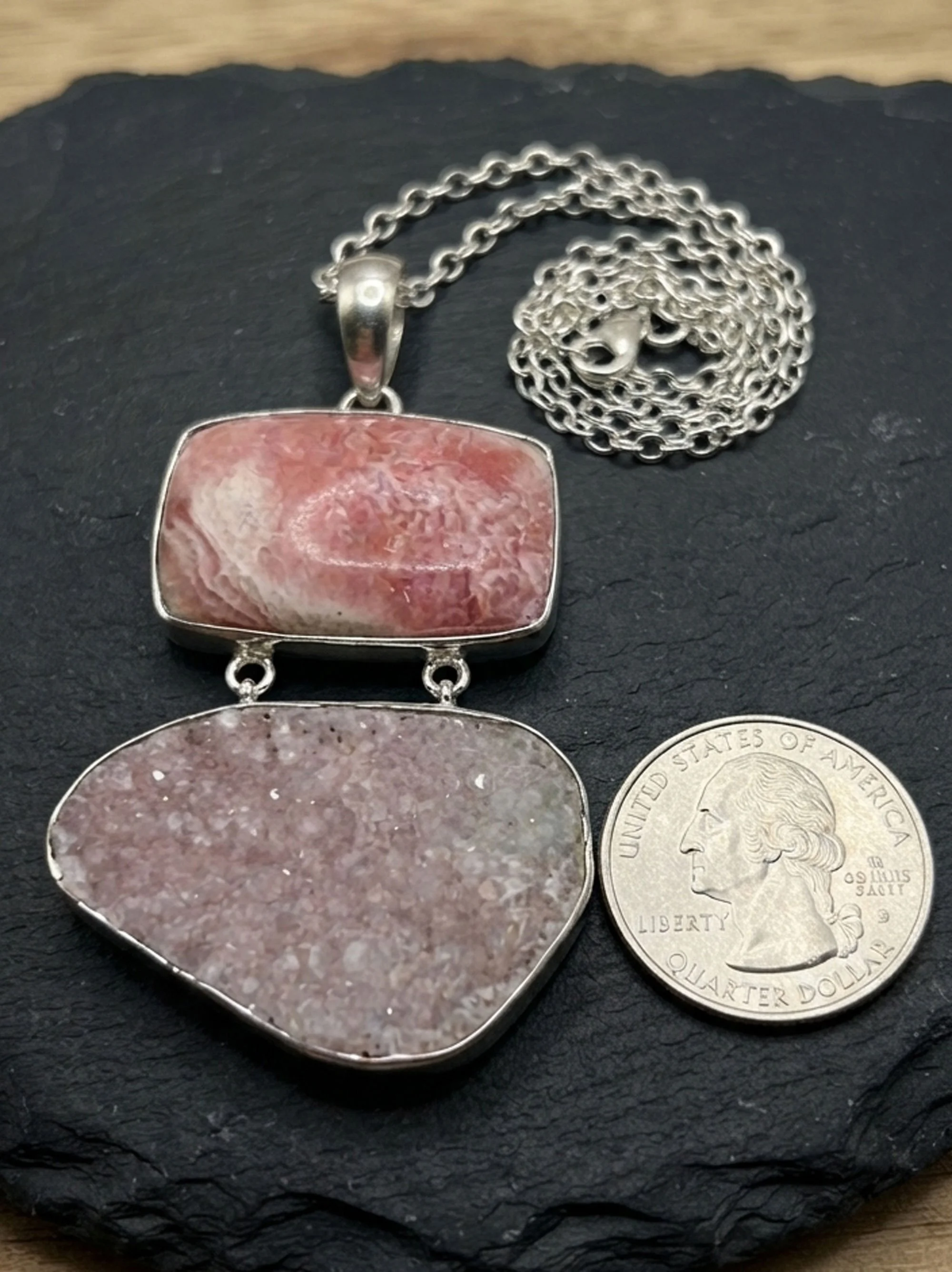 Rhodochrosite and druzy sterling silver pendant with chain and quarter for size