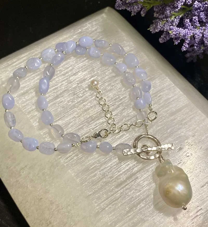 Mabe Pearl Blue Lace Agate necklace, Bohemian style necklace, Sustainable handmade jewelry, Aquamarine necklace