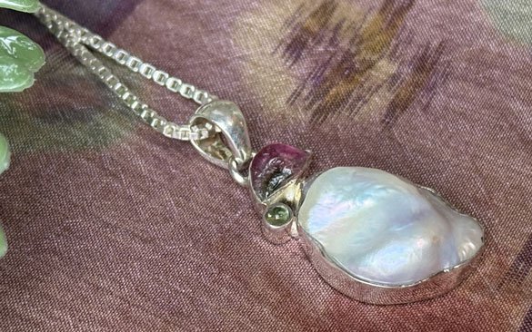 mabe pearl pendant sterling silver, gemstone pendant, tourmaline pendant,