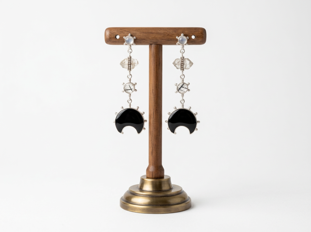 Black Onyx crescent moon sterling silver dangle earrings with Moonstone, Herkimer Diamond and Tourmalinated Quartz gemstones