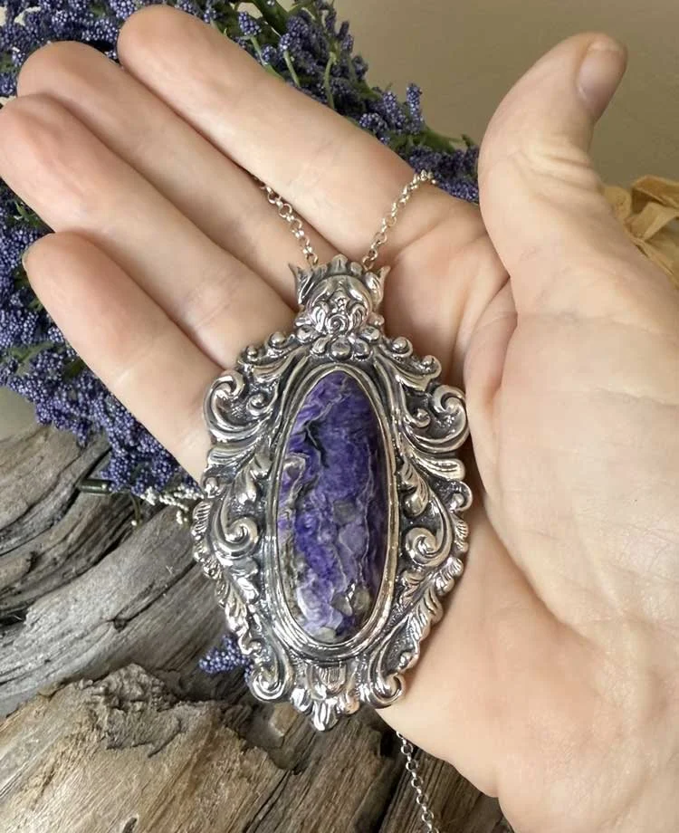 Handcrafted sterling silver Purple Jasper pendant necklace with ornate Boho design