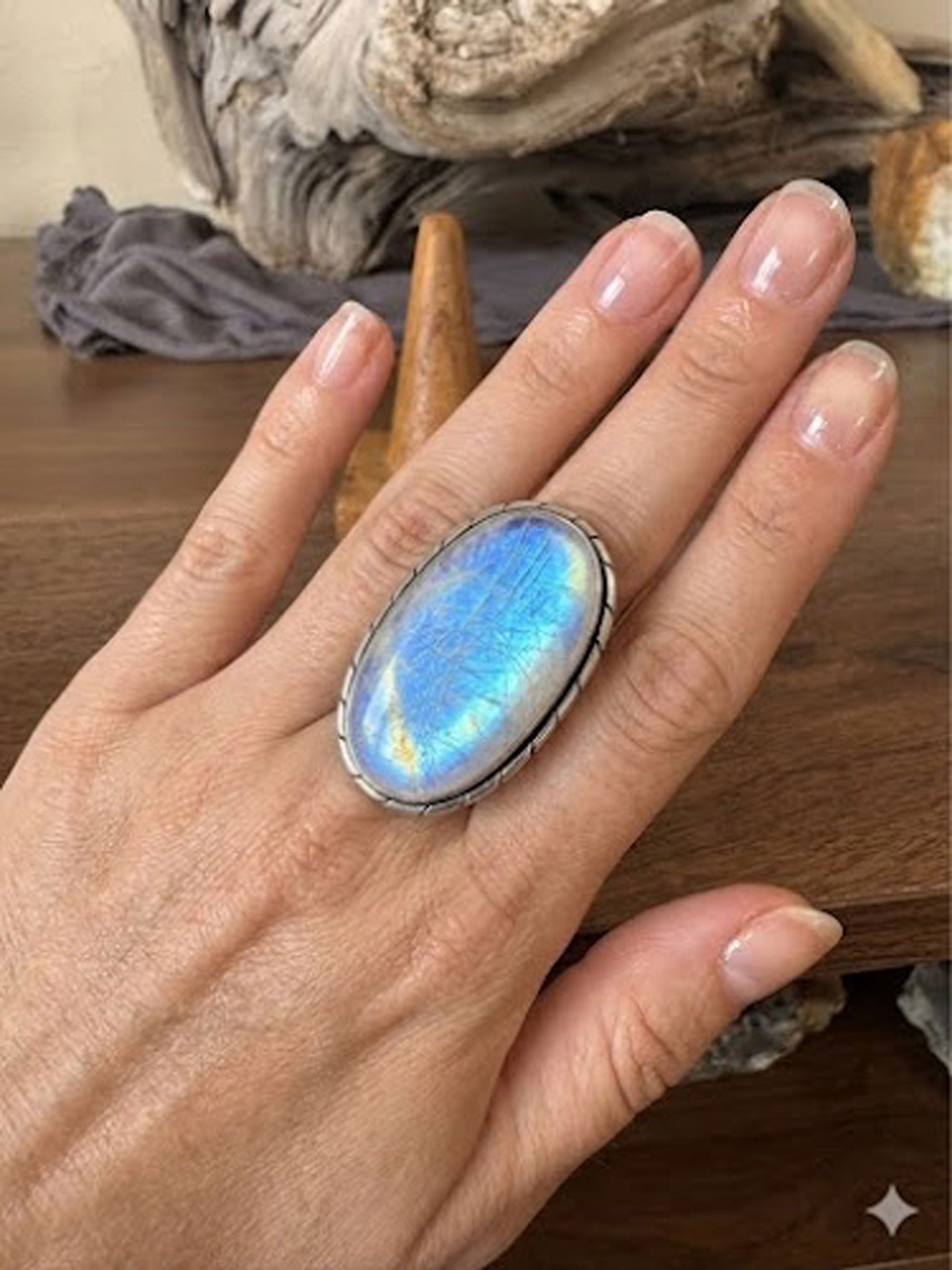 Rainbow moonstone statement ring in sterling silver artisan handcrafted gemstone jewelry
