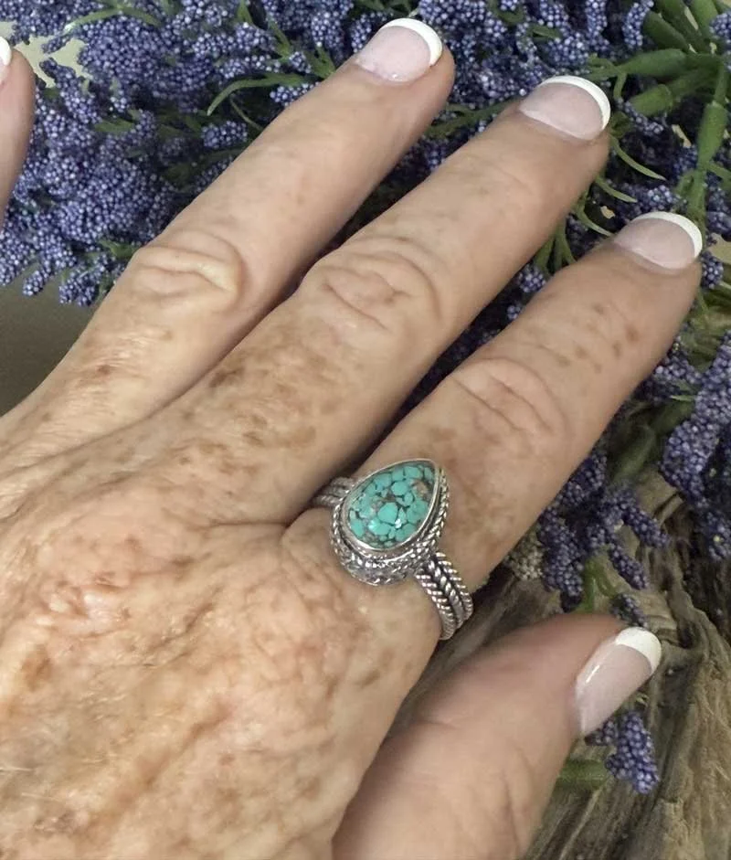 Handmade sterling silver turquoise ring with braided band, artisan jewelry from Bali, boho gemstone ring for women