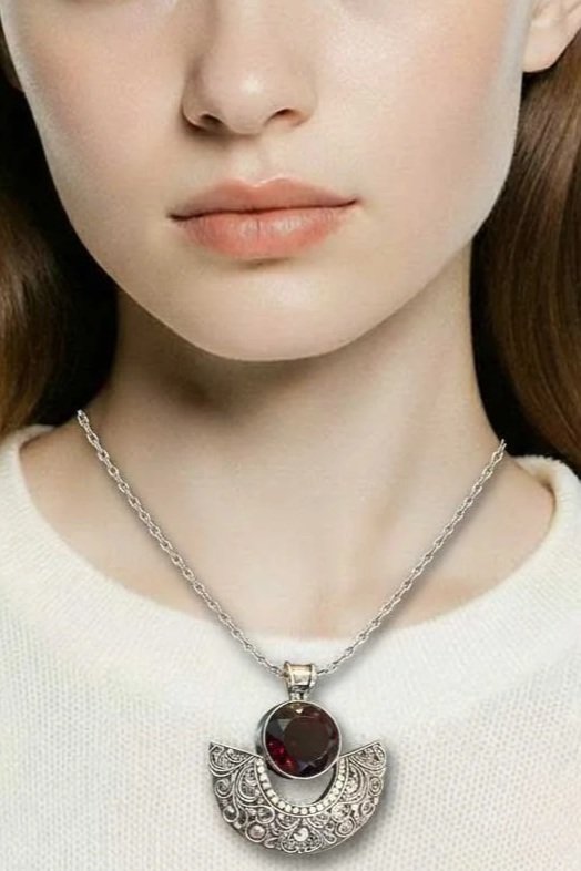 red garnet jewelry, artisan statement necklace, ornate silverwork, gemstone healing jewelry, unique boho necklace,