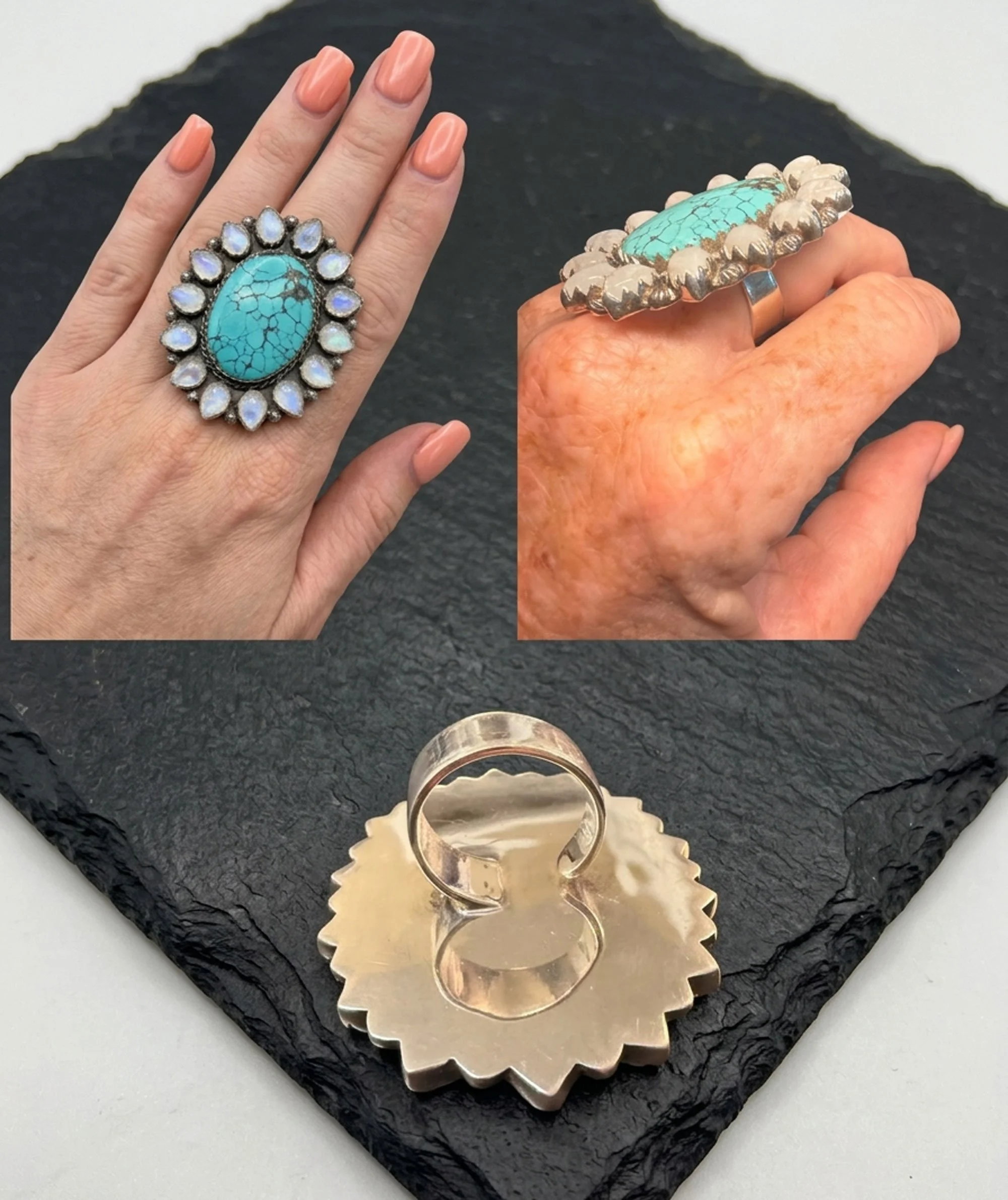 Large turquoise and moonstone halo ring handcrafted in sterling silver artisan gemstone statement ring