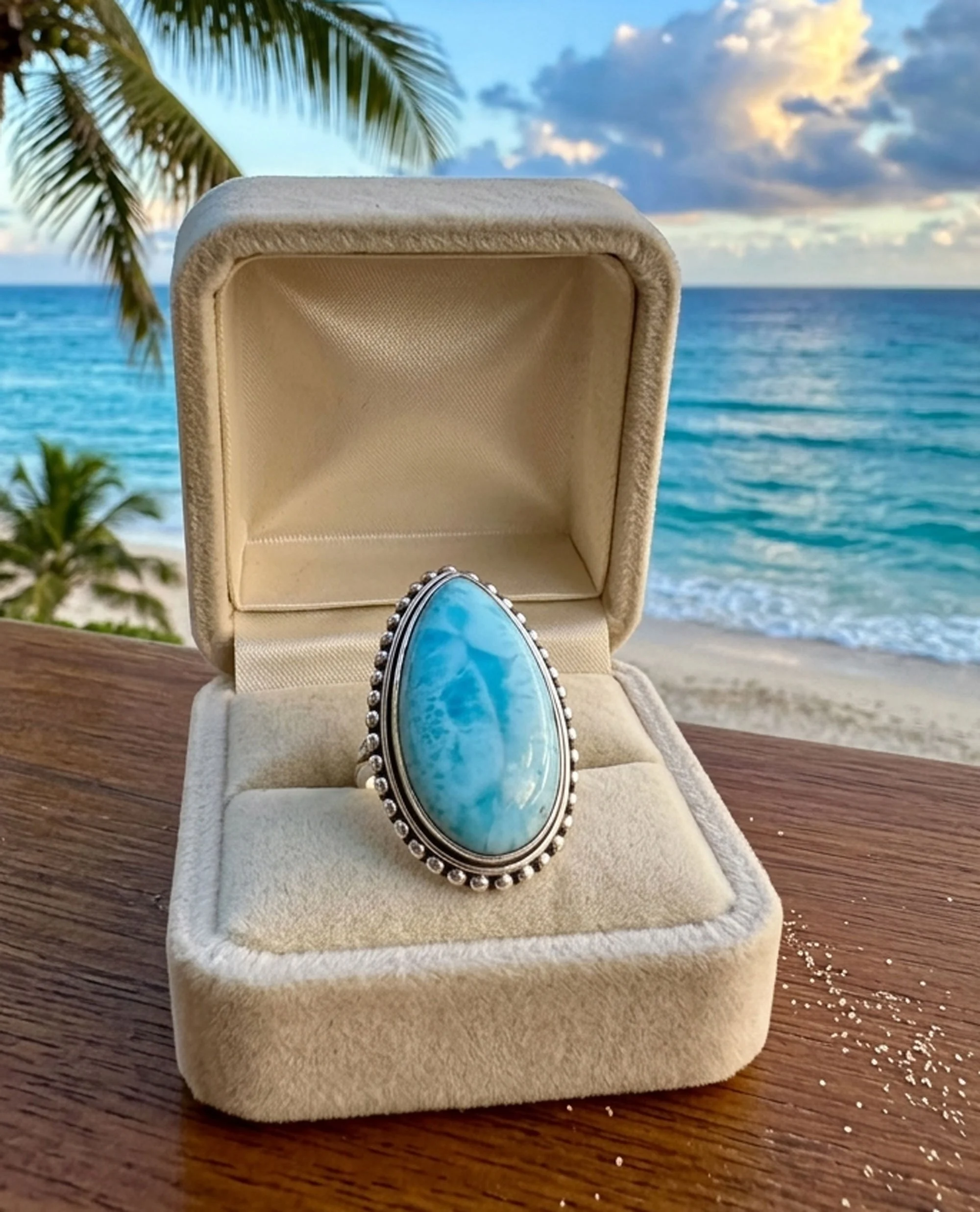 Teardrop Larimar ring in sterling silver displayed in a cream jewelry box by the ocean