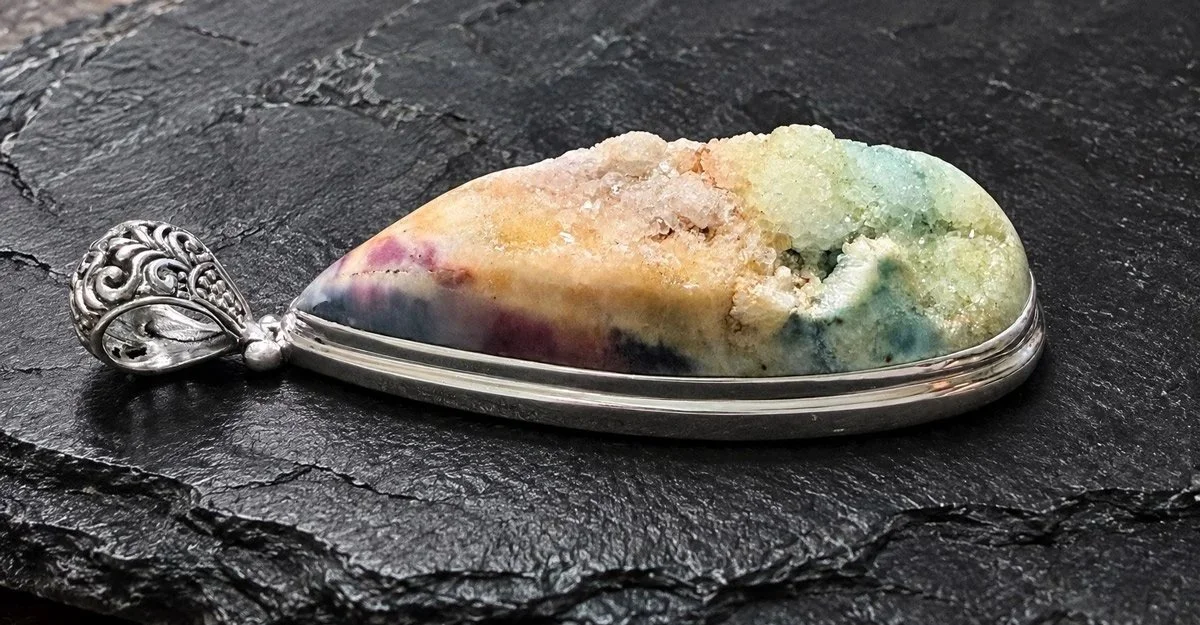 Handmade Bali New Zealand Druzy pendant in sterling silver, side view