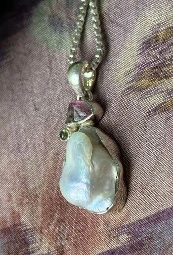 mabe pearl pendant sterling silver, gemstone pendant, tourmaline pendant,