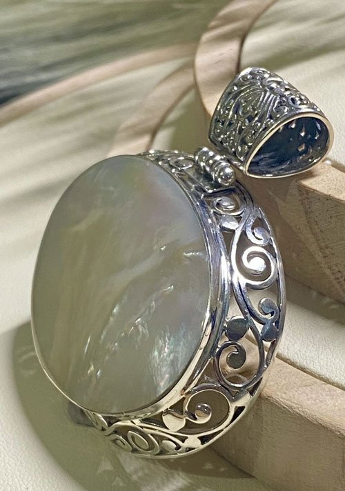 Mother of Pearl Pendant, Sterling Silver Jewelry, Handmade Pendant, Bali Jewelry, Artisan Jewelry, Boho Jewelry, Organic Jewelry, Unique Pendant, Bali Craftsman, Elegant Silver Pendant