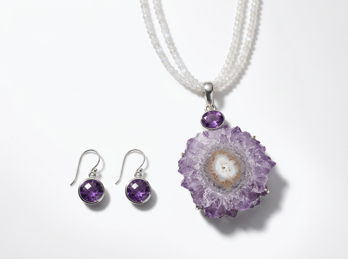 Amethyst stalactite pedant set in sterling silver with earrings on white background