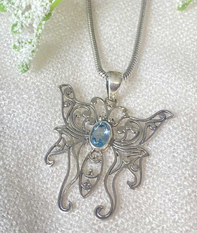 sterling silver and blue topaz Butterfly pendant, boho jewelry, december birthstone