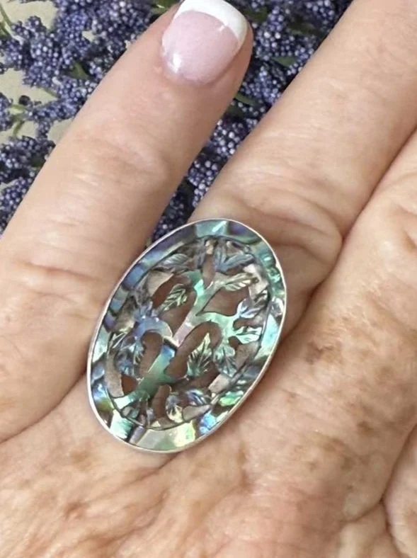 Sterling silver Tree of Life ring with abalone shell inlay