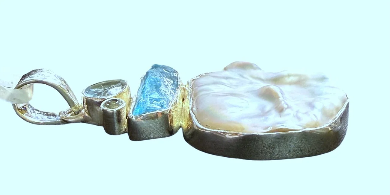 baroque pearl pendant, aquamarine pendant, apatite pendant, sterling silver jewelry, boho gemstone necklace, artisan jewelry, statement necklace