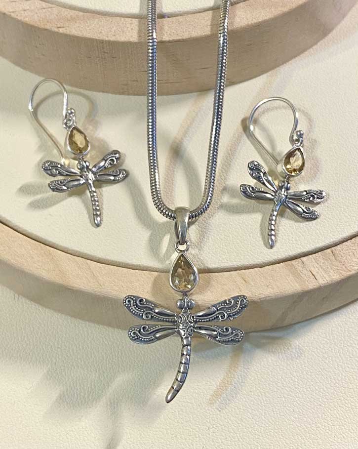 Dragonfly Citrine Sterling Silver Set Handcrafted Citrine Jewelry Bali Artisan Jewelry Boho Citrine Pendant Sterling Silver Dragonfly Necklace