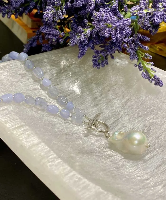 Mabe Pearl Blue Lace Agate necklace, Bohemian style necklace, Sustainable handmade jewelry, Aquamarine necklace