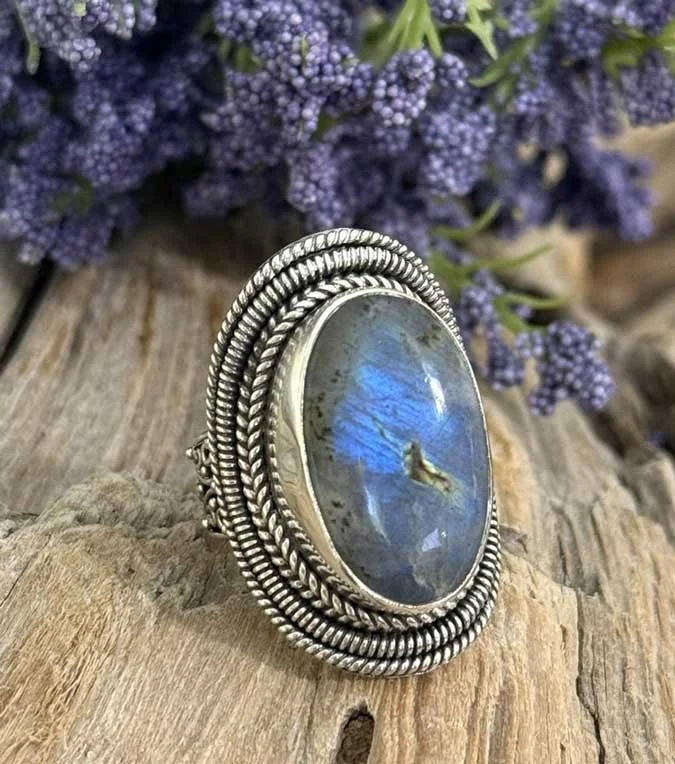 Handmade labradorite statement ring in solid sterling silver. A spiritual, Bohemian piece crafted by Balinese artisans just for your inner goddess.