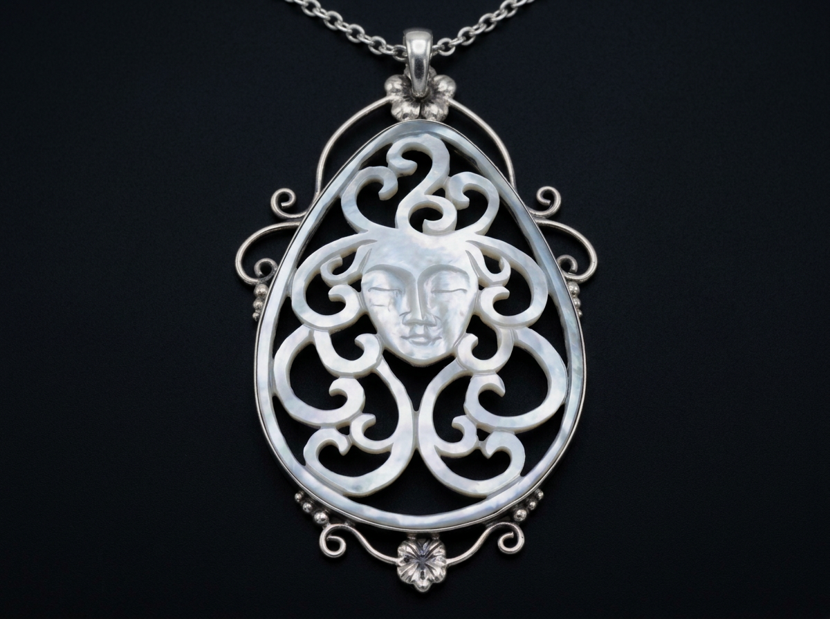 Close-up of the serene face and scrollwork carved into a mother of pearl pendant