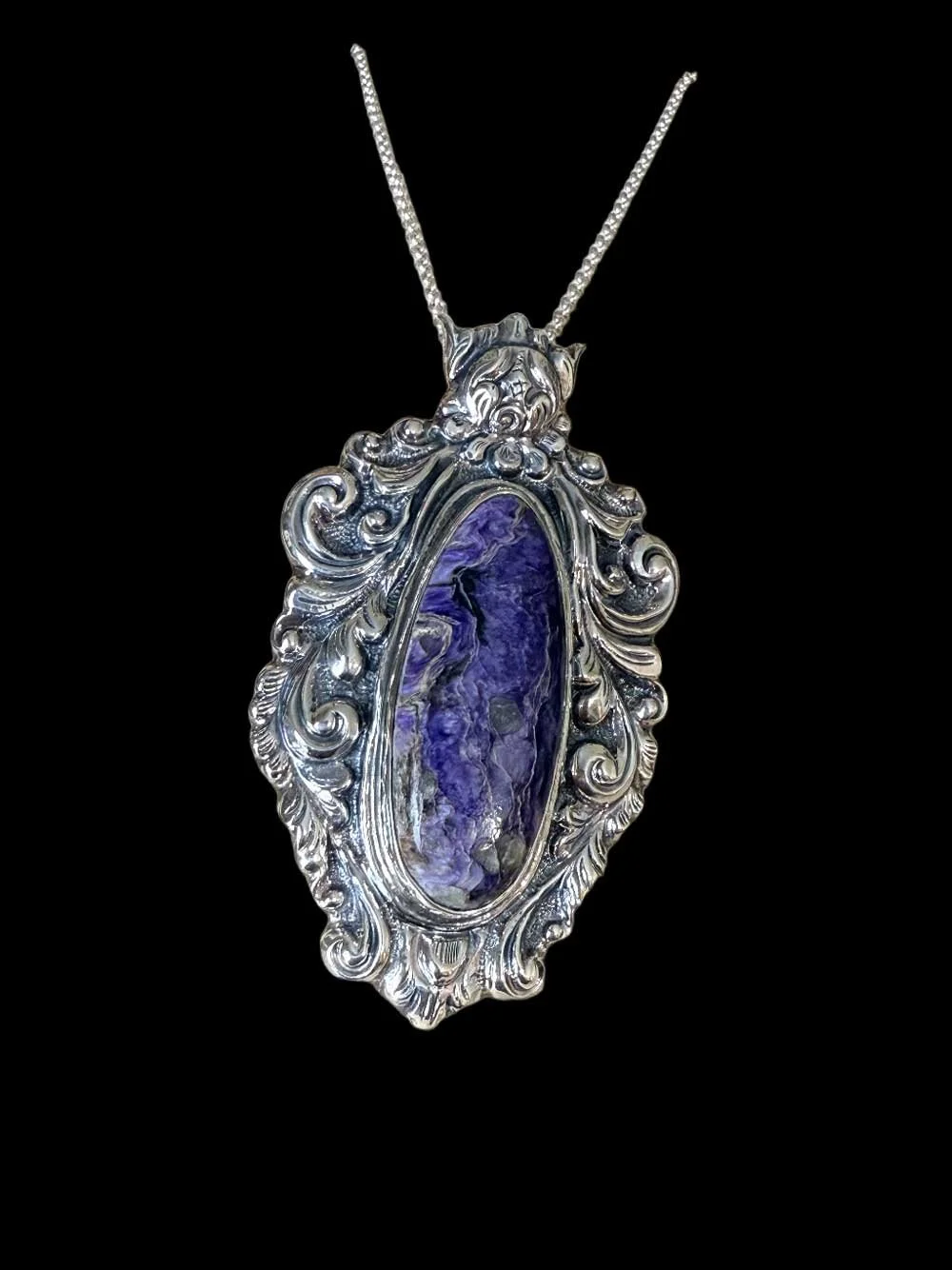 Handcrafted sterling silver Purple Jasper pendant necklace with ornate Boho design