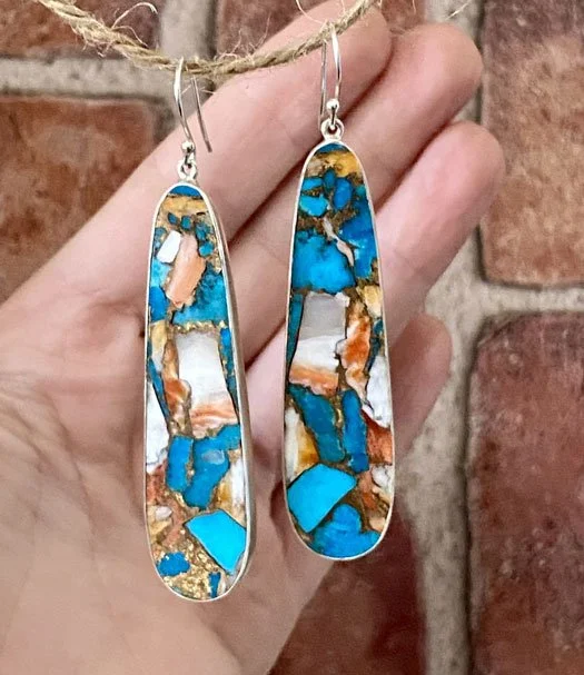 turquoise jewelry, spiny oyster, boho earrings, handcrafted earrings, artisan jewelry, Bali jewelry, sterling silver earrings, natural stones, mosaic earrings, healing stones, turquoise healing,