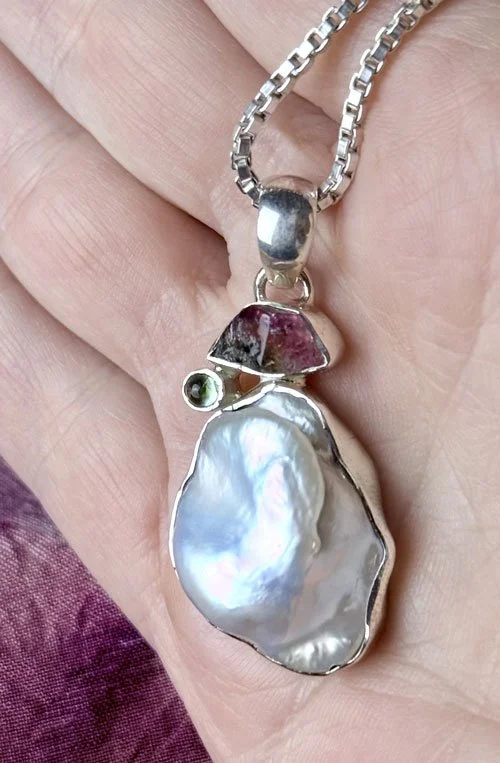 mabe pearl pendant sterling silver, gemstone pendant, tourmaline pendant,