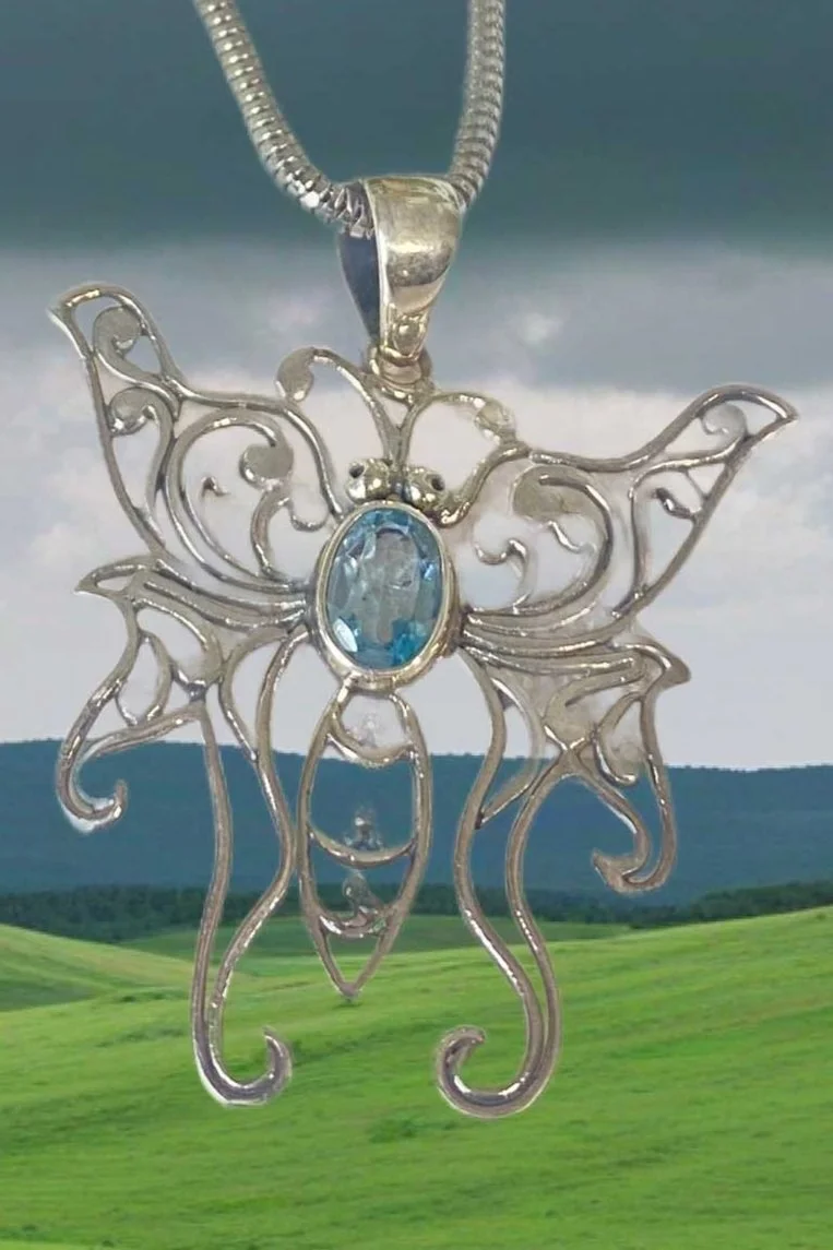 sterling silver and blue topaz Butterfly pendant, boho jewelry, december birthstone