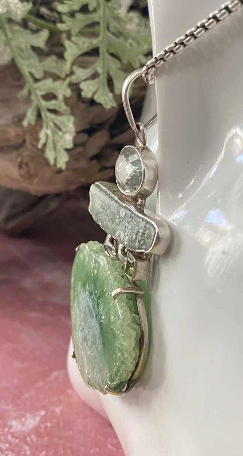 Sterling silver pendant Boho jewelry Faceted green amethyst Raw kyanite Solar quartz pendant