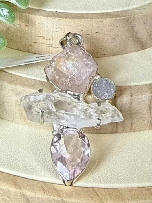 Handcrafted sterling silver pendant with pink quartz, clear quartz, and sparkling druzy gemstone – boho artisan jewelry by Chantek Designs