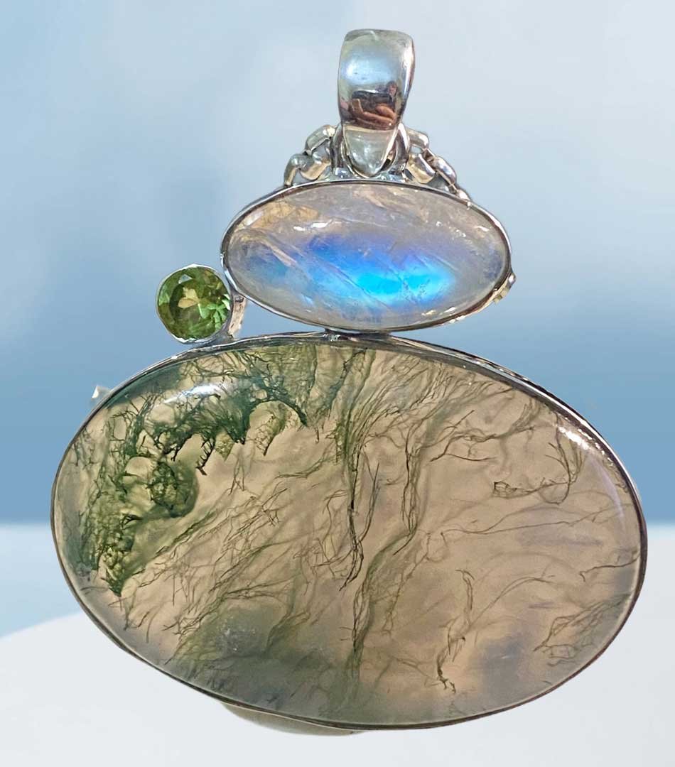 Moss Agate Pendant, Moonstone Jewelry, Green Tourmaline, Sterling Silver Pendant, Boho Necklace, Organic Jewelry, Nature-Inspired Jewelry, Earthy Gemstones, Handmade Pendant,