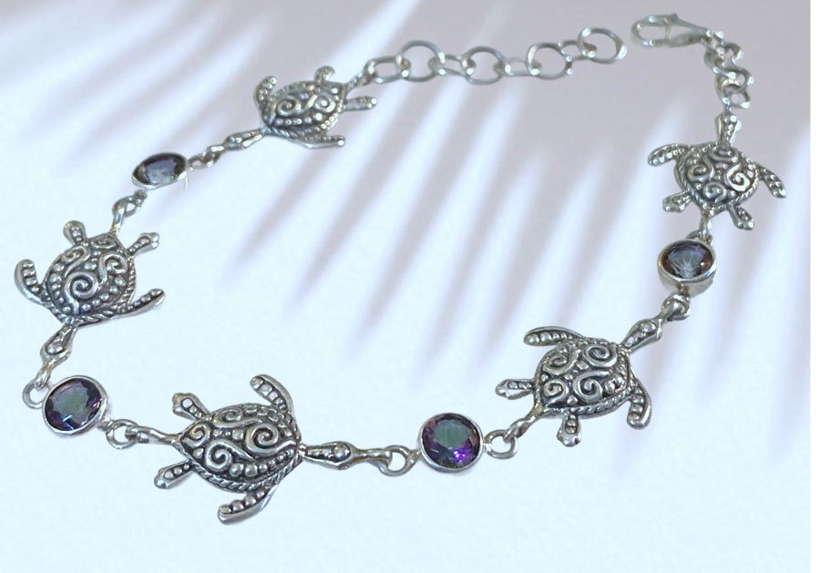 Sterling silver turtle bracelet, Amethyst gemstone bracelet, Mystic topaz jewelry, Handmade Bali jewelry, Sea turtle charm bracelet, Boho ocean-themed bracelet,