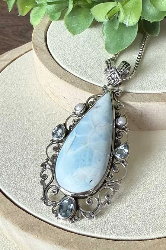 Larimar necklace, Boho jewelry, ocean gemstone, handcrafted jewelry, blue gemstone pendant, Caribbean gemstone, organic necklace, sustainable jewelry, nature-inspired jewelry