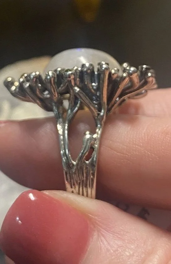 rainbow moonstone and peridot sterling silver gemstone ring