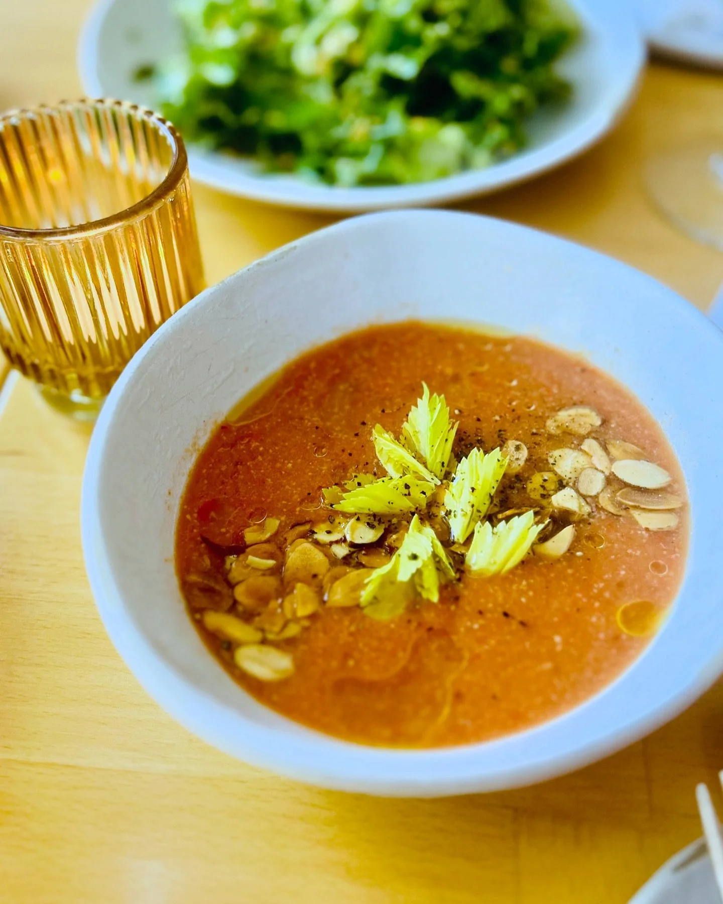 Chilled Gazpacho 🍅 - a delicious blend of tomatoes, red peppers, pluots, almonds, &amp; celery hearts AND perfect for when you&rsquo;re ready for soup season but the weather has other plans🥣✨

#raccoltoseattle // #generalharvestseattle 
.
.
.
.