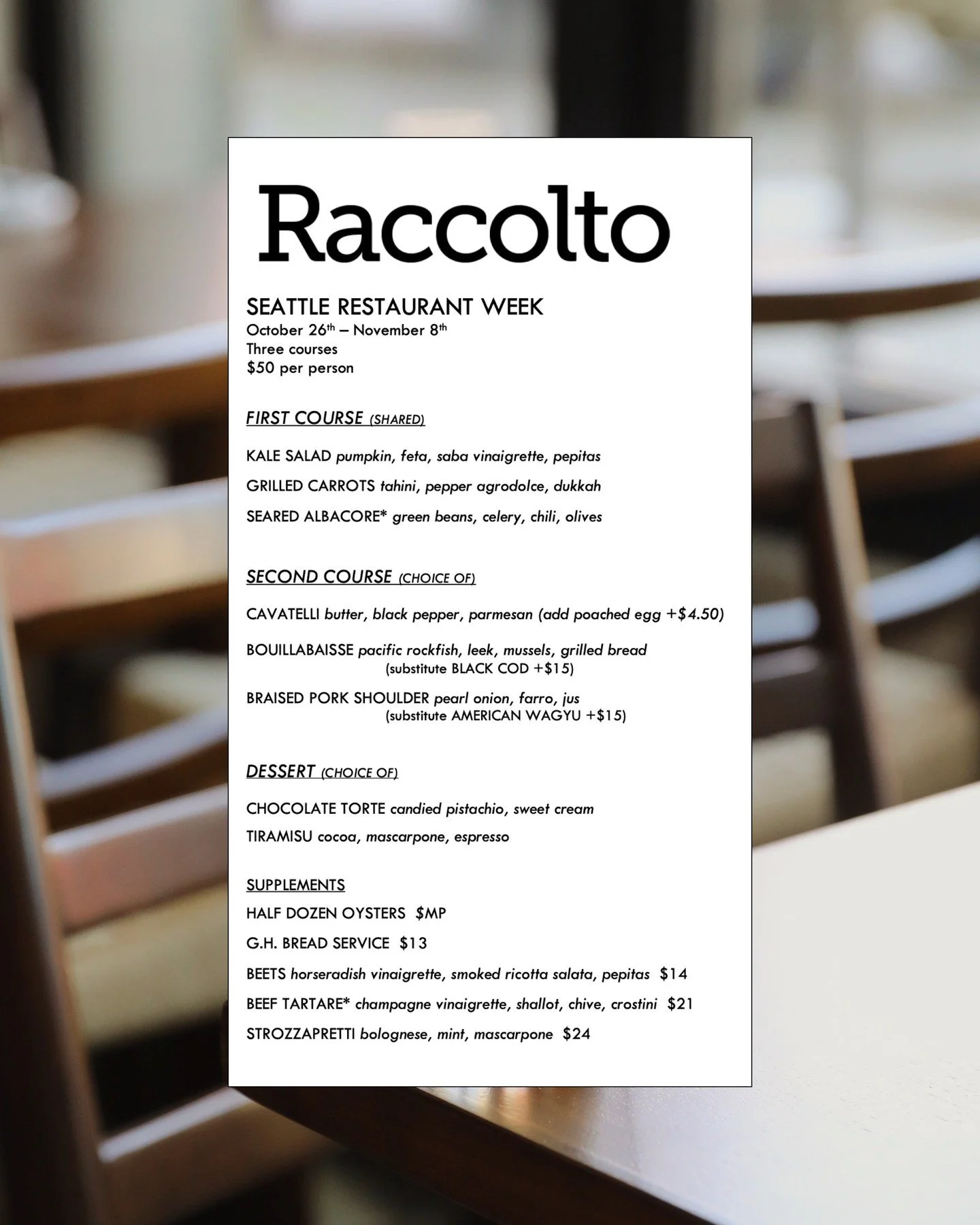 Seattle Restaurant Week returns this Sunday! Join us for a special three-course experience available for the next two weeks. À la carte dining will be available at the bar only.
Book your reservation at the link in bio. 🔗