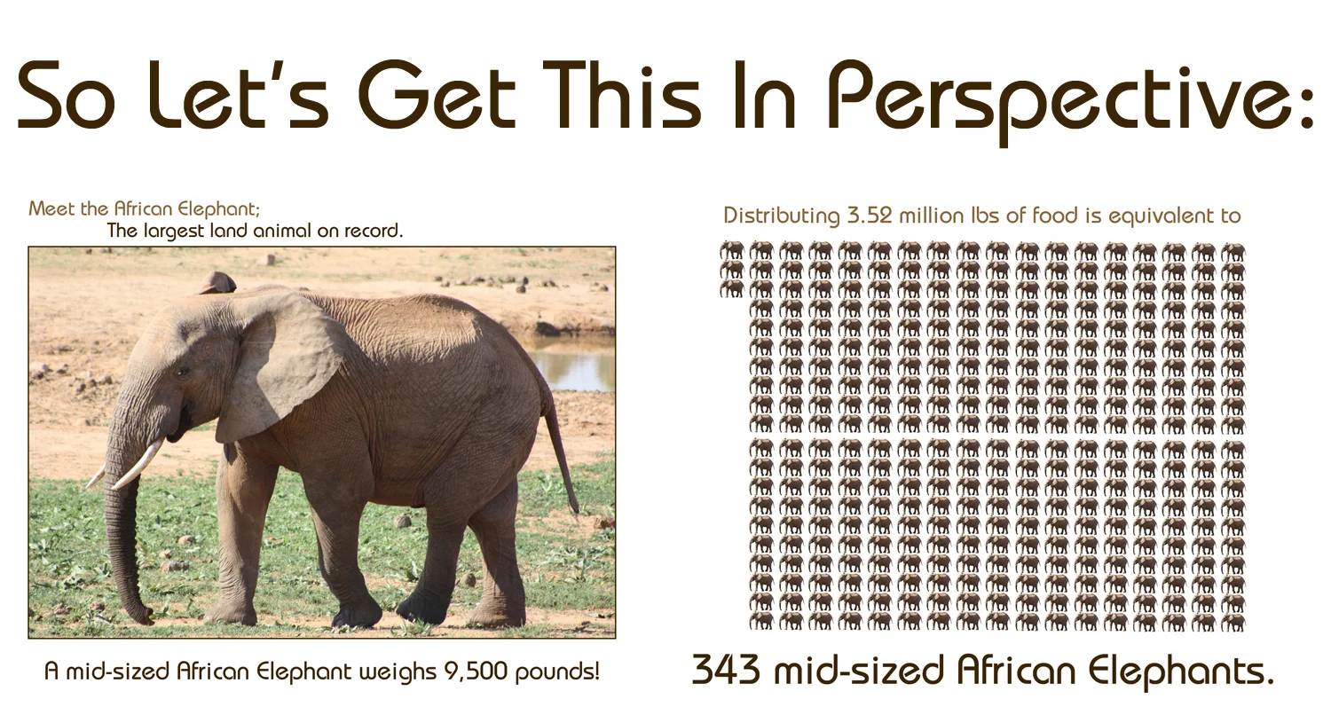 Since 2011, the Little Chapel Food Pantry has distributed the equivalent of 343 mid-sized African Elephants of food to those in need.