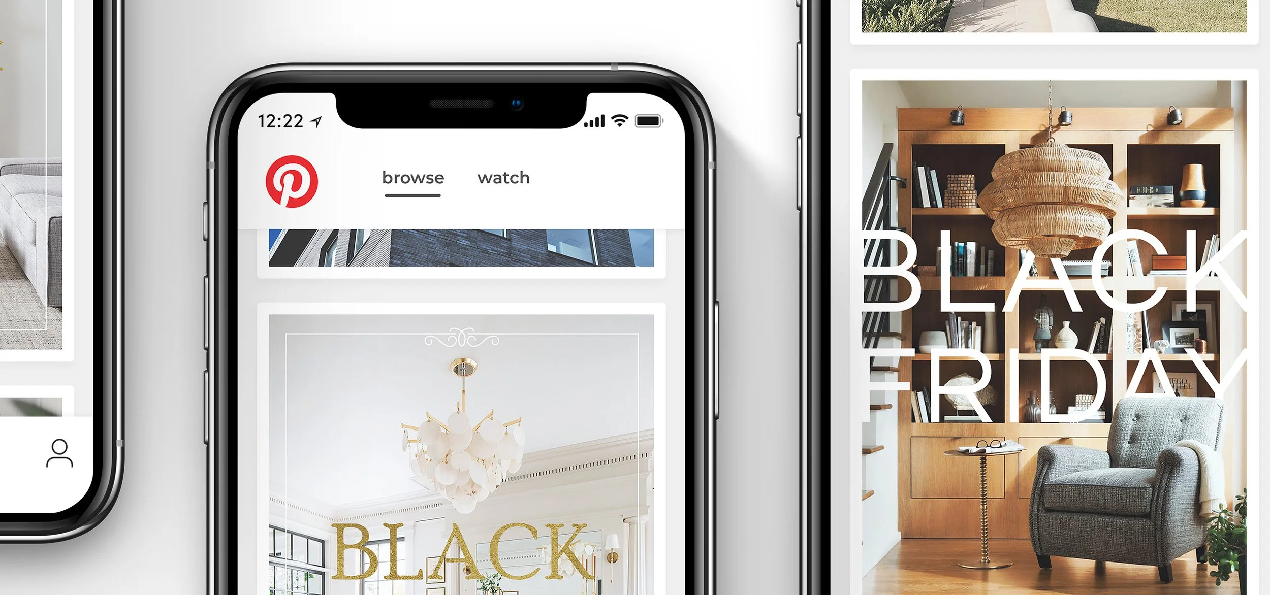 Collage of interior decor images with a phone displaying Pinterest and a room with a bookshelf, wooden door, and seating area.