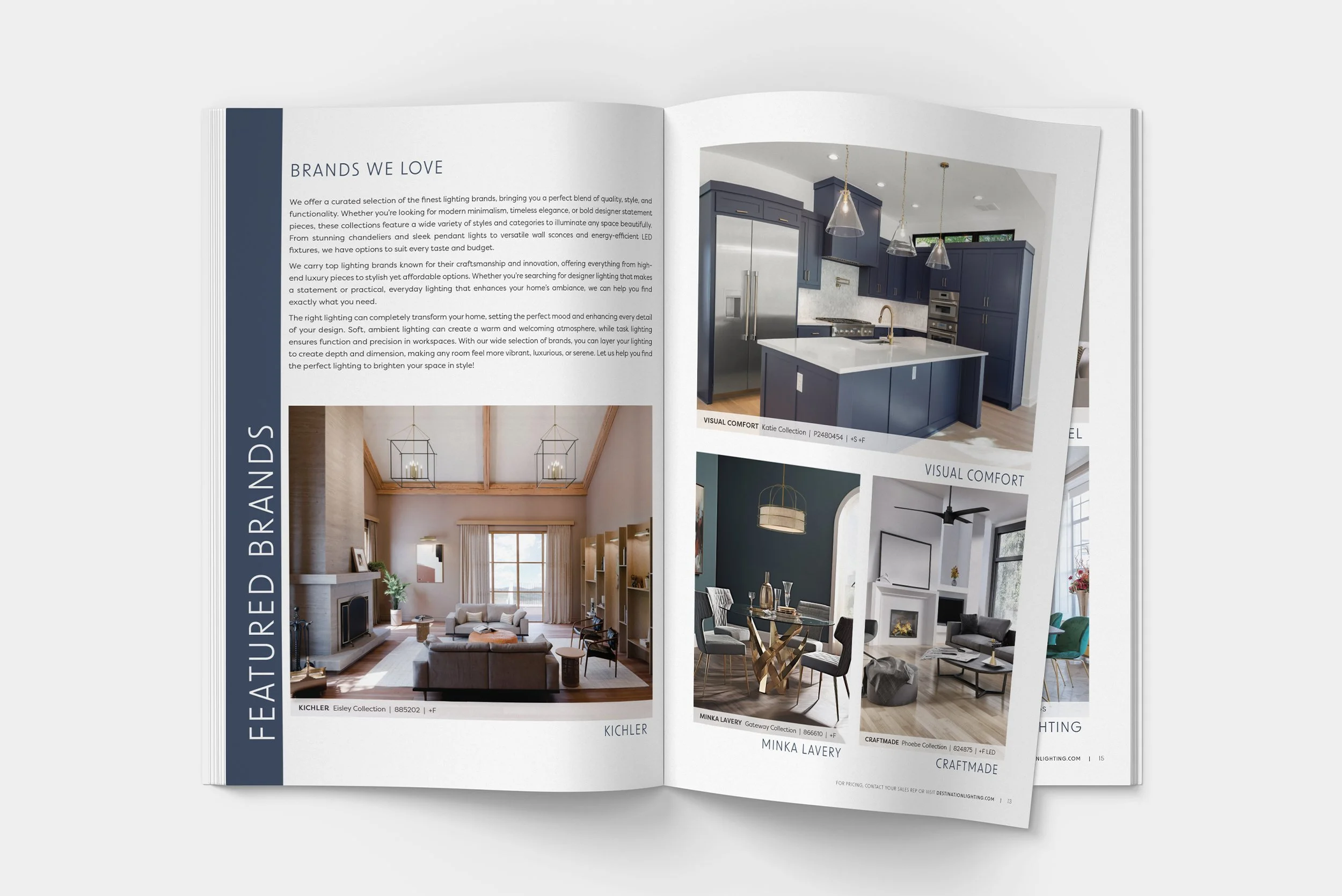 Open magazine with pages showing interior design images and descriptions, focusing on lighting and home decor. The left page has a blue sidebar with white text.
