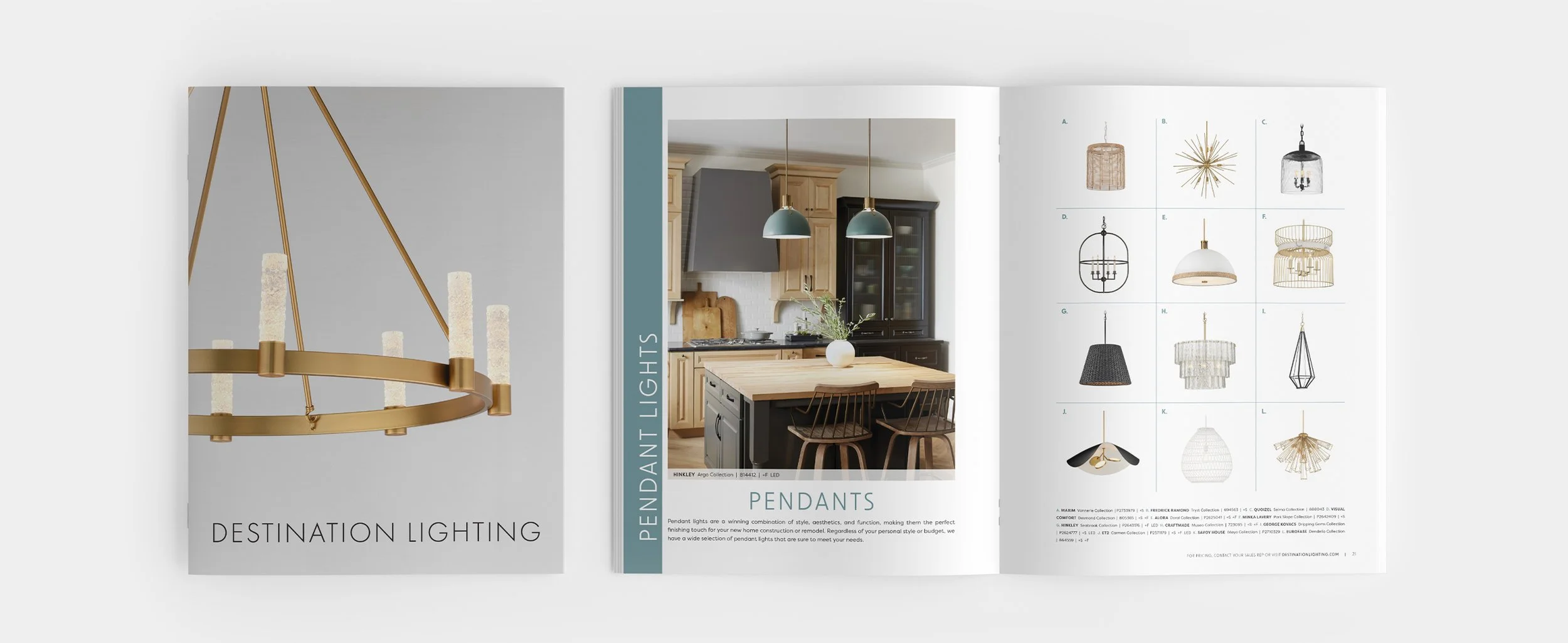 Open magazine pages featuring pendant lighting and kitchen interior design, including a chandelier and a selection of fixture illustrations.