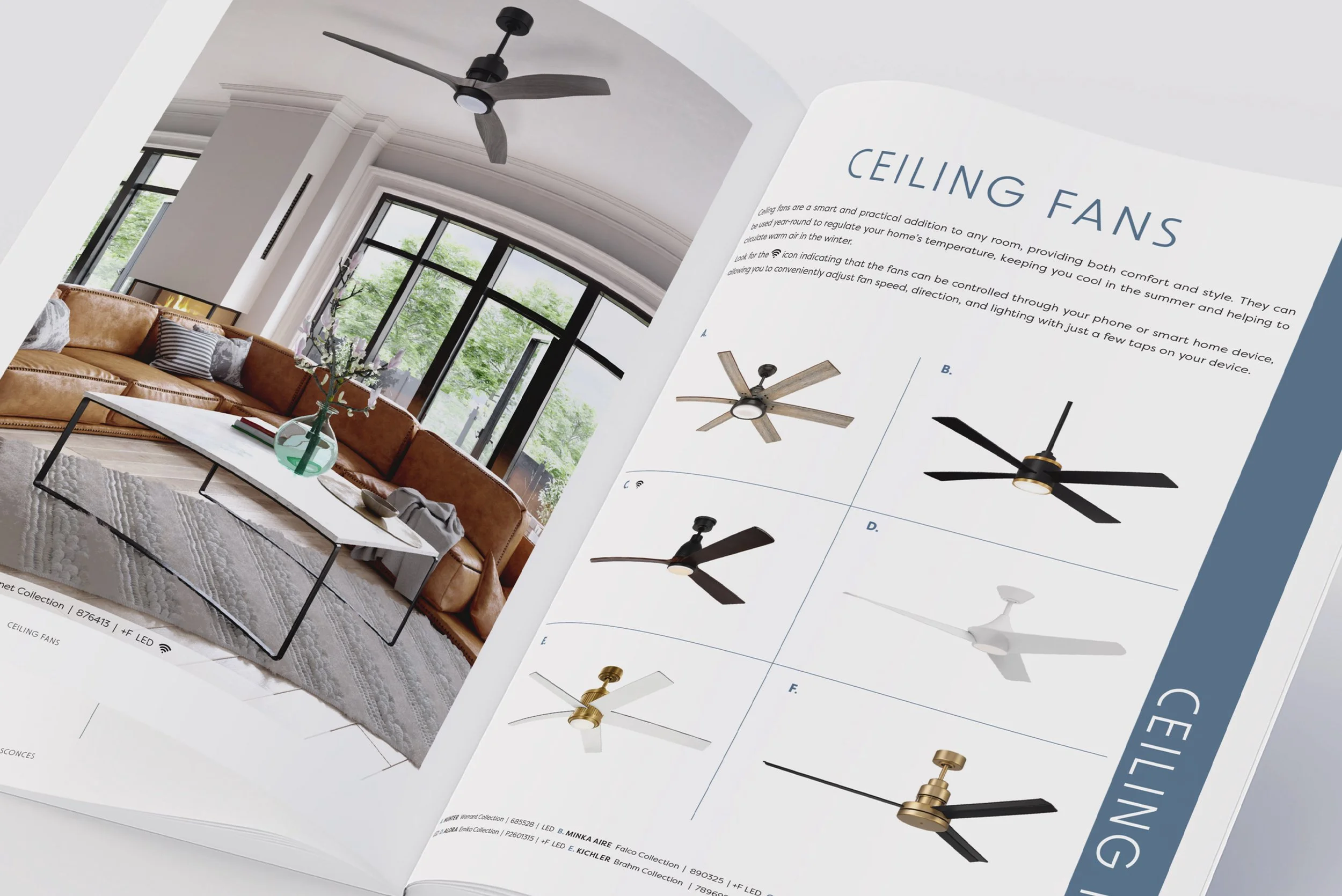 Open catalog displaying different styles of ceiling fans in a living room setting.