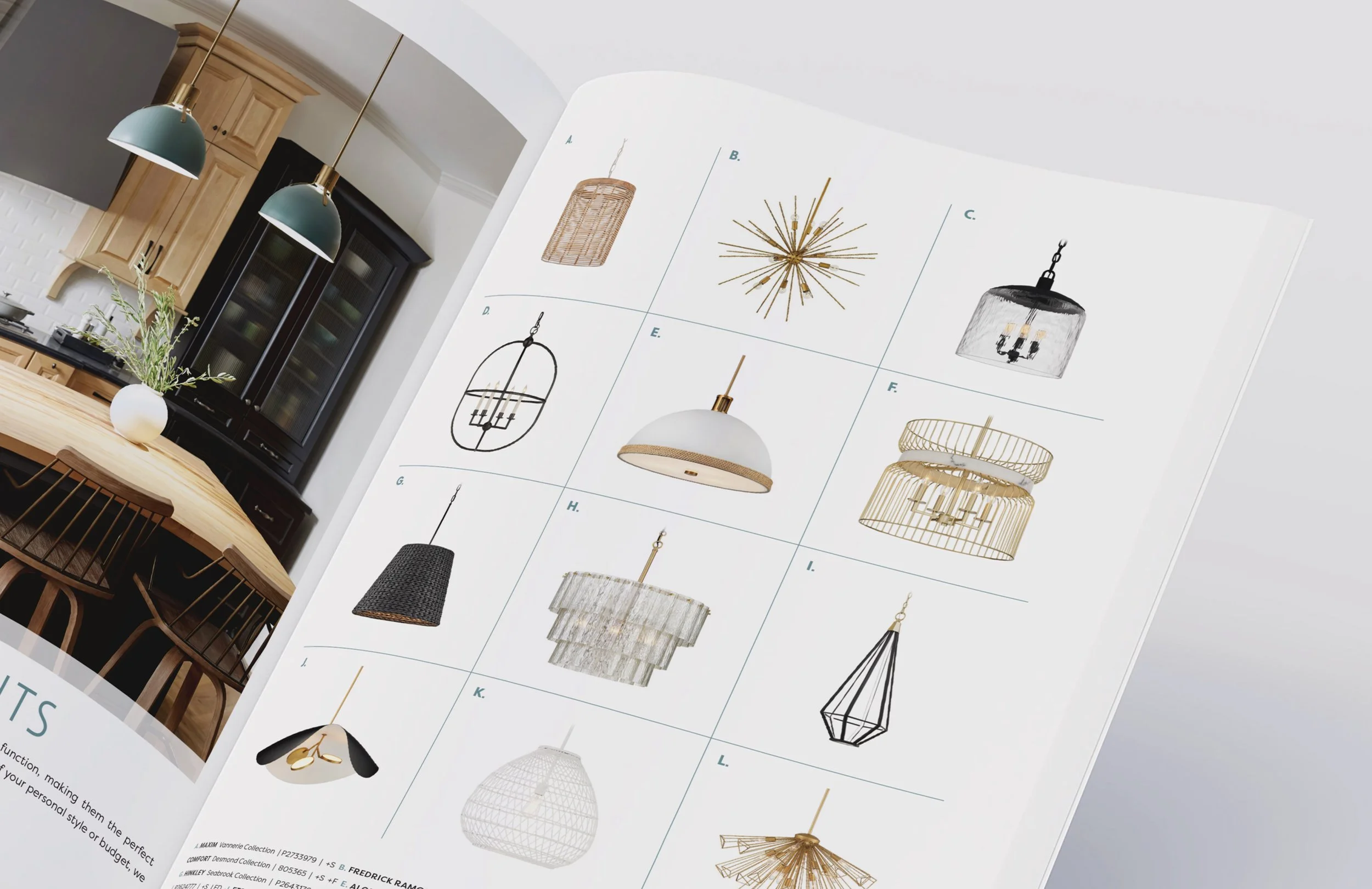 Open magazine featuring various modern pendant light fixtures and chandeliers with different shapes, styles, and materials. The background shows a kitchen with hanging blue-green pendant lights over a wooden dining table.