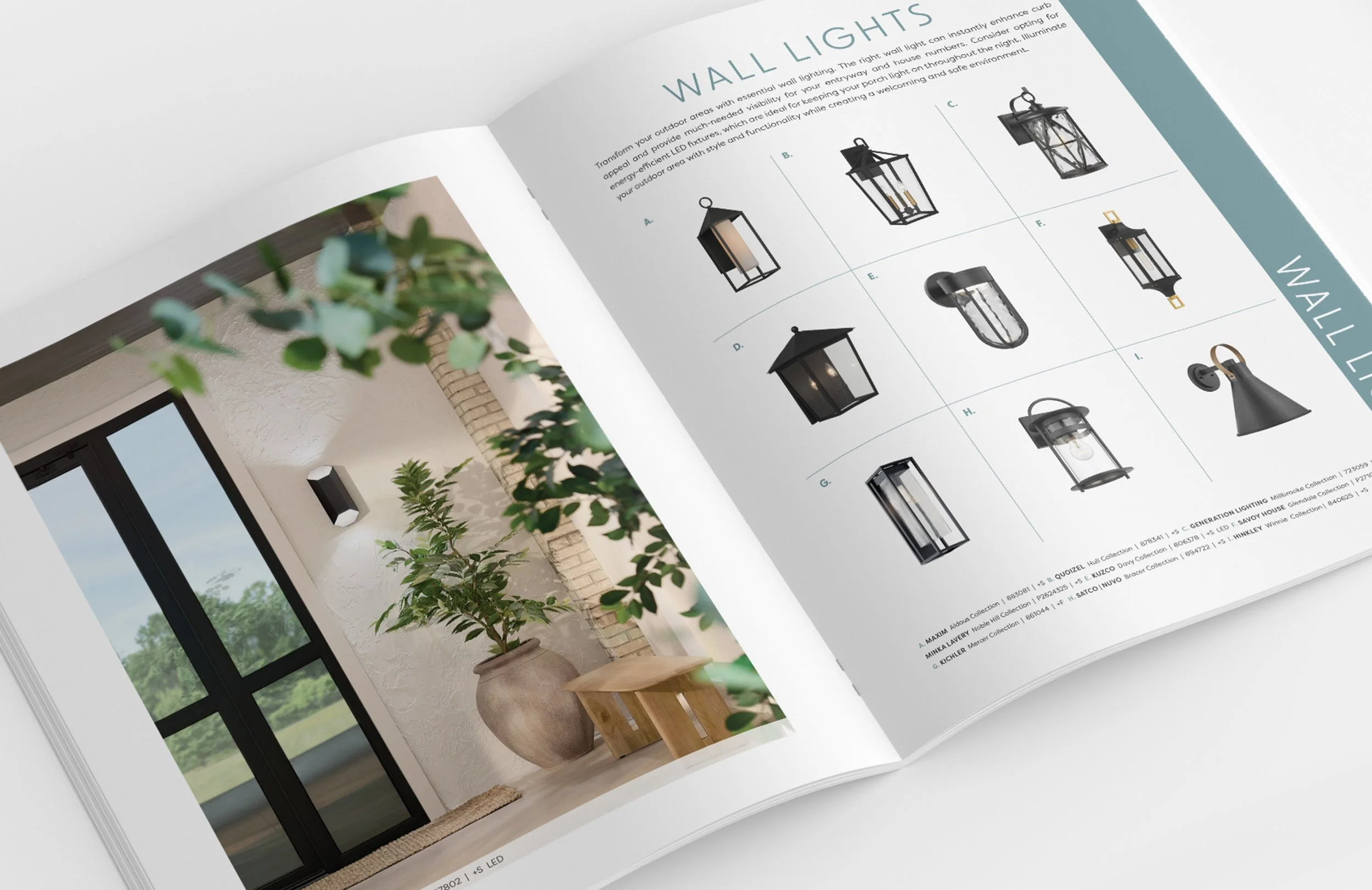 Open catalog with images of various wall-mounted outdoor lanterns and text describing their features, placed on a table near a window and a potted plant.