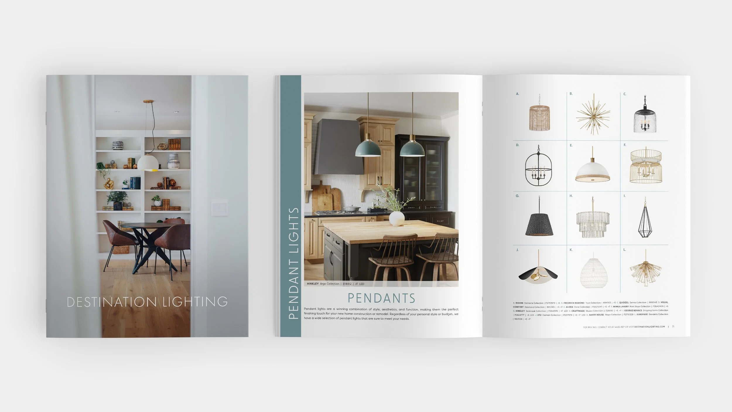 Open magazine showing interior design images including a dining area and kitchen with pendant lights, and a page displaying various pendant light fixtures.
