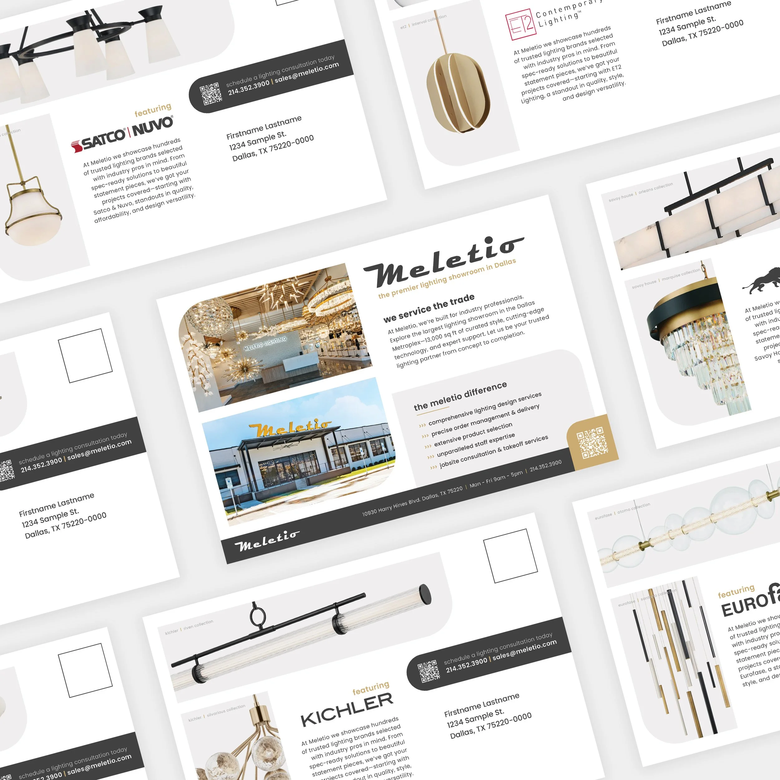 Collection of flyers showcasing lighting products from brands Satco, Nuvo, Kichler, Eurofase, and Savoy House, including modern chandeliers, pendant lights, and decorative light fixtures, with contact information and descriptions.