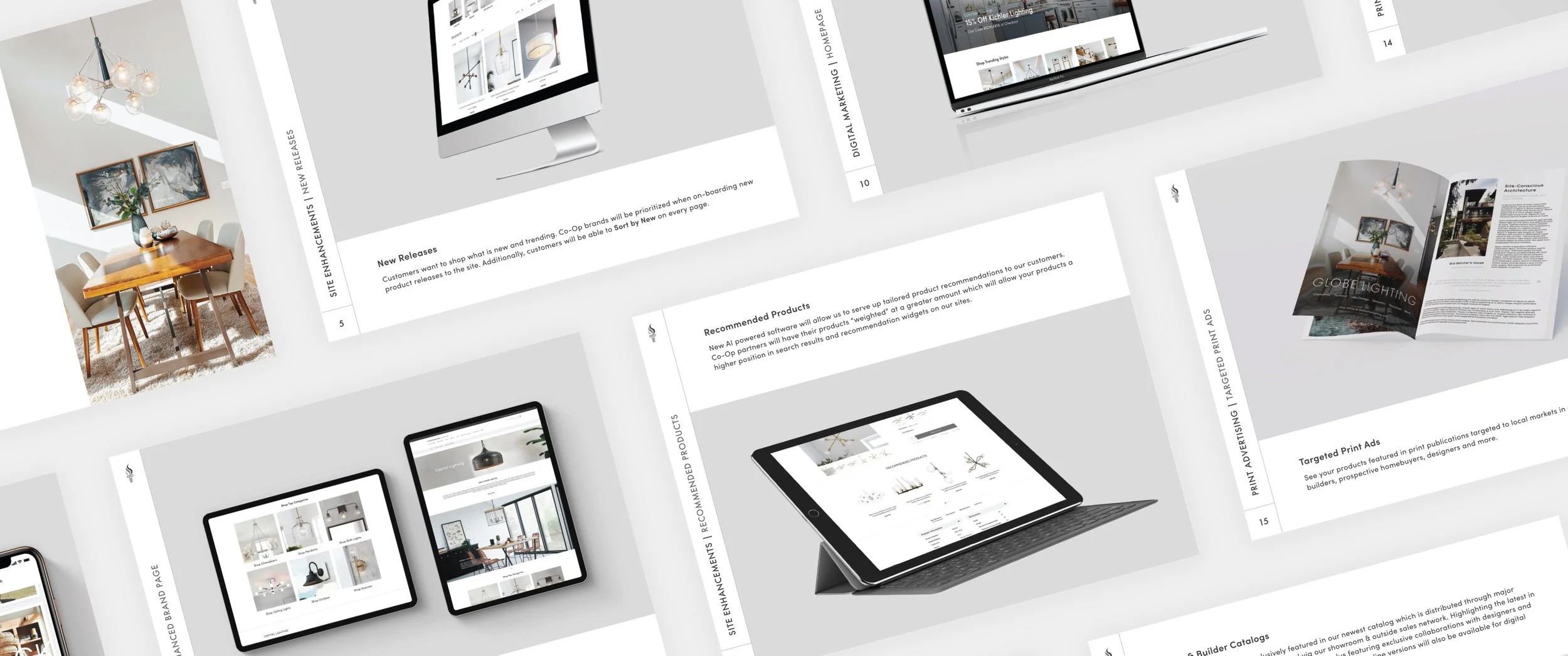 Multiple digital screens and tablets displaying interior design and home decor websites, arranged on a white surface.