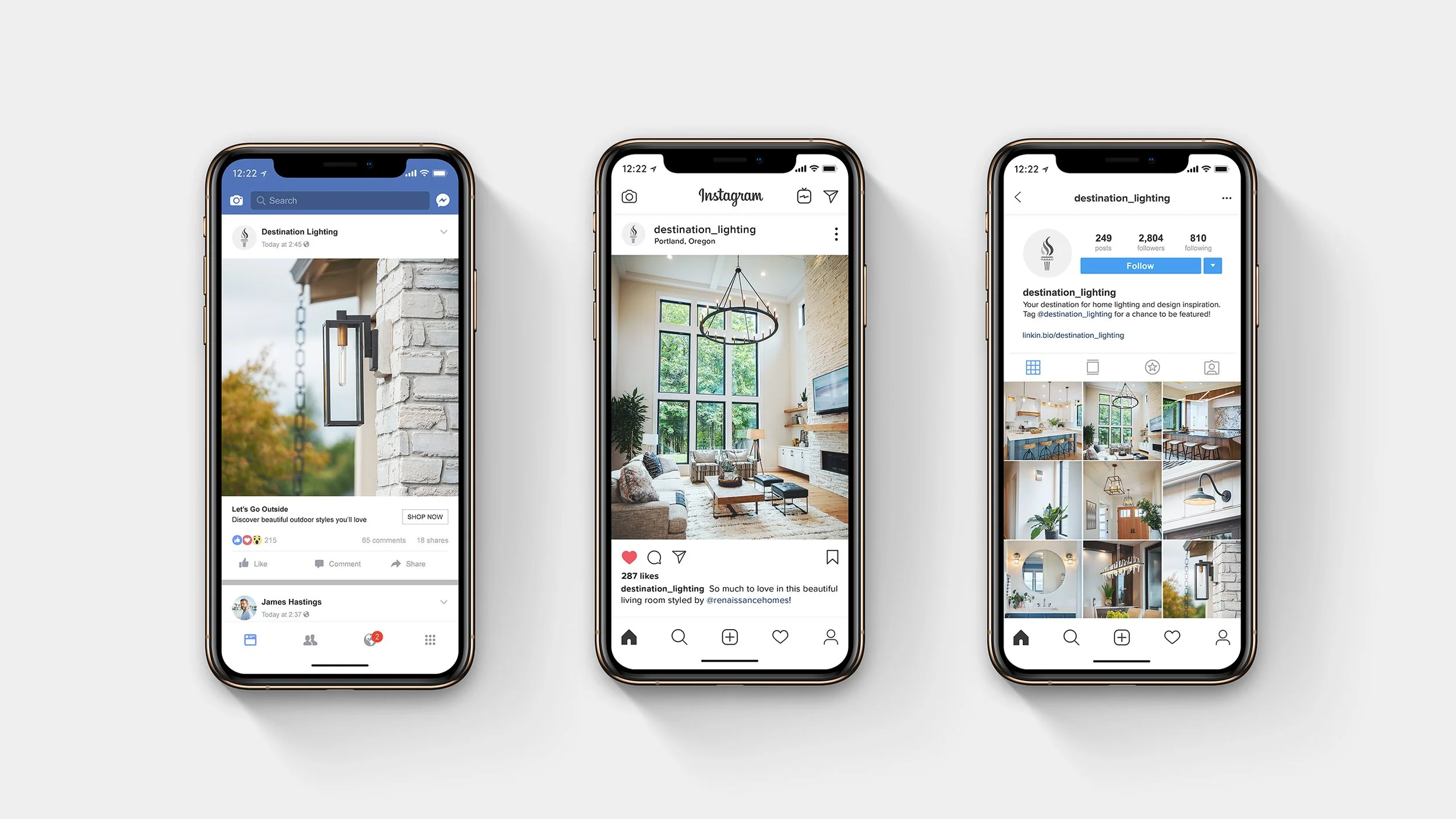 Three smartphones displaying social media apps: Facebook, Instagram, and a third app, all featuring home interior and lighting design posts.