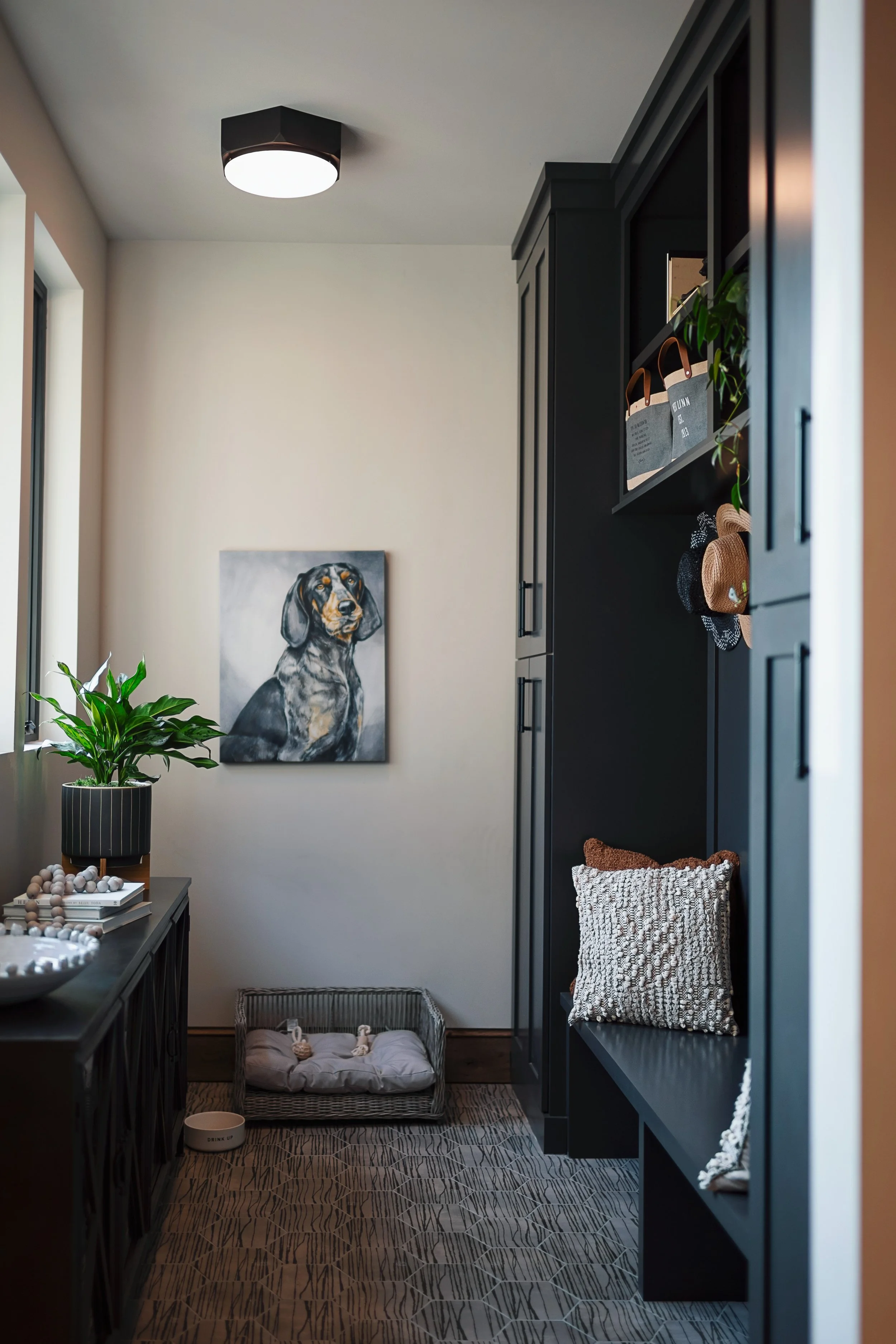 A cozy entryway with a black cabinet on the right side, decorated with bags and hats, a painting of a dog on the wall, a potted plant on a side table, and a pet bed with toys on the floor.
