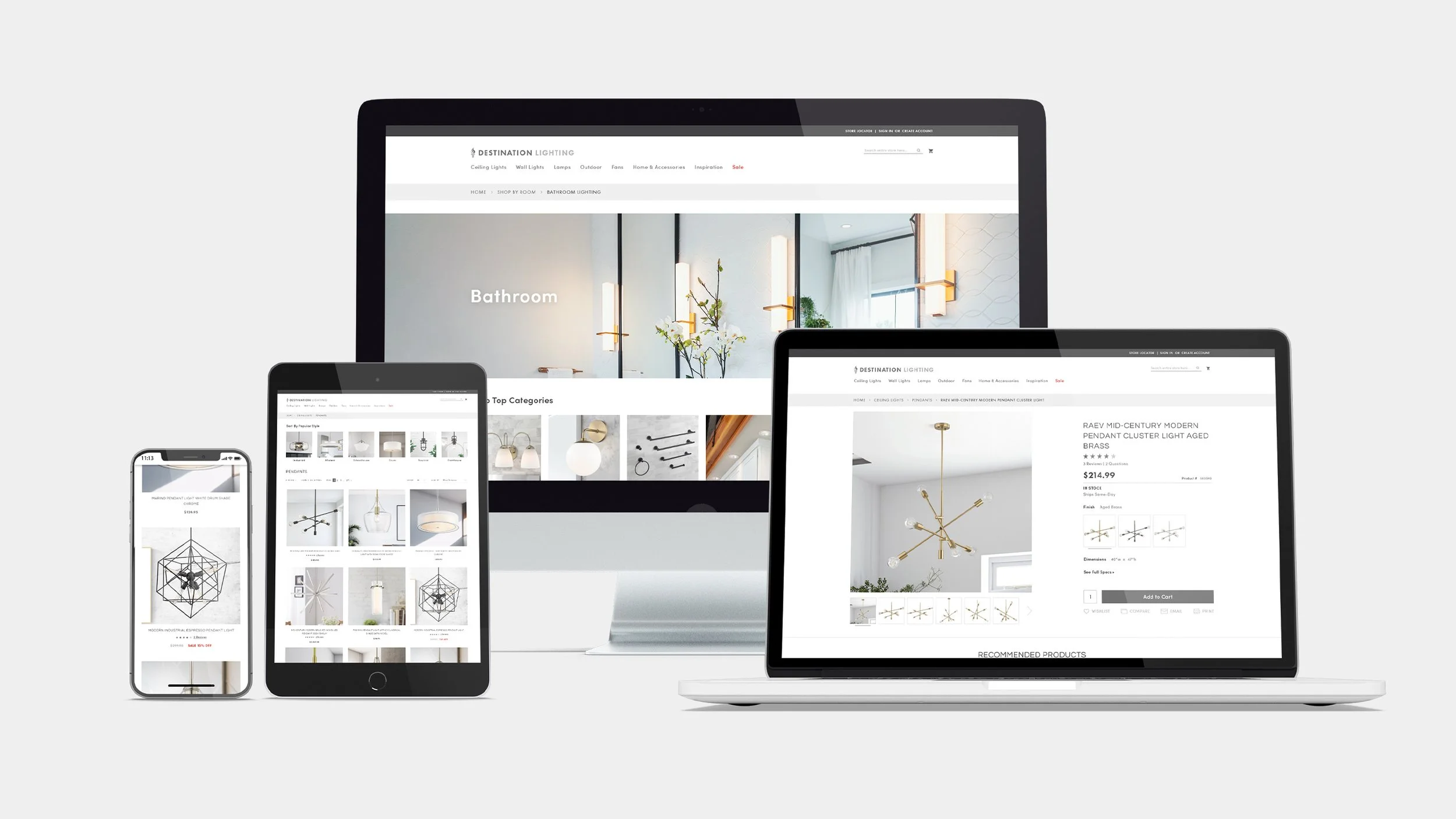 Multiple electronic devices displaying an online lighting store website, including a desktop, two tablets, and a smartphone, showcasing various lighting fixtures and products.