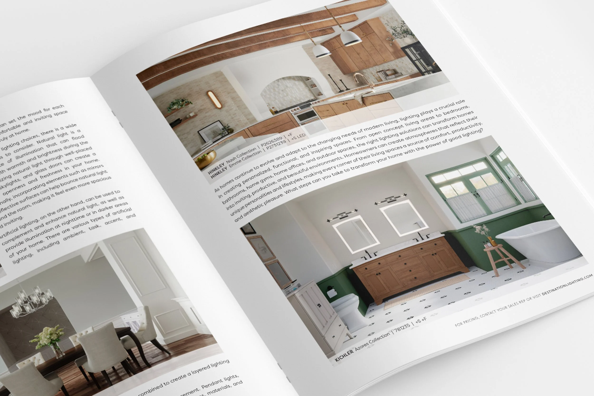 Open magazine spread showing images and text about modern kitchen design and interior decorating ideas.