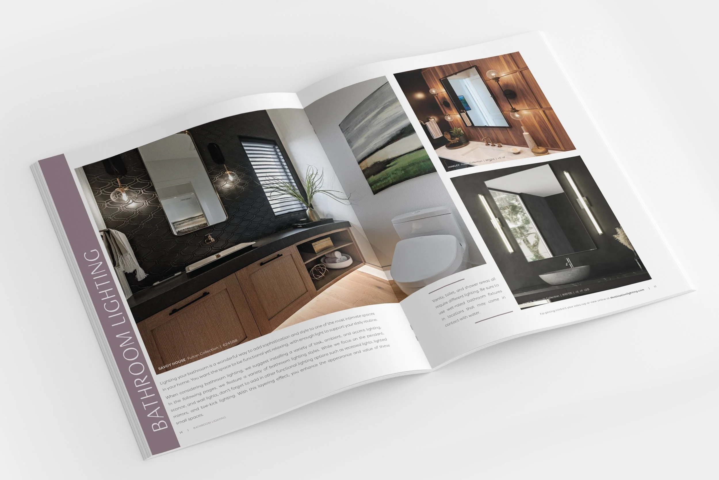 Open magazine displaying interior design ideas, including bathroom lighting and decor with various wall and mirror setups.