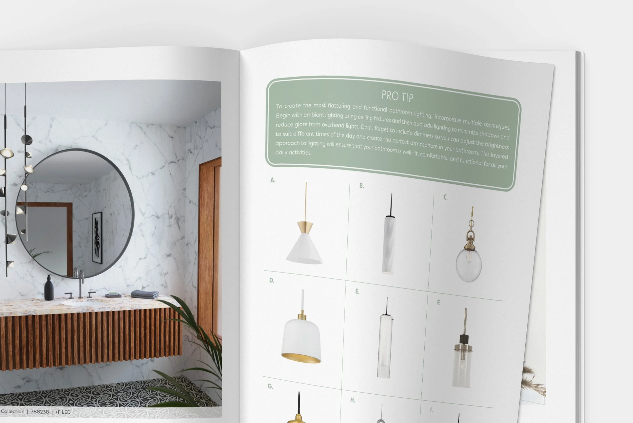Open page of a catalog showing various hanging modern pendant light fixtures and a bathroom interior with a mirror, marble wall, and wooden vanity.